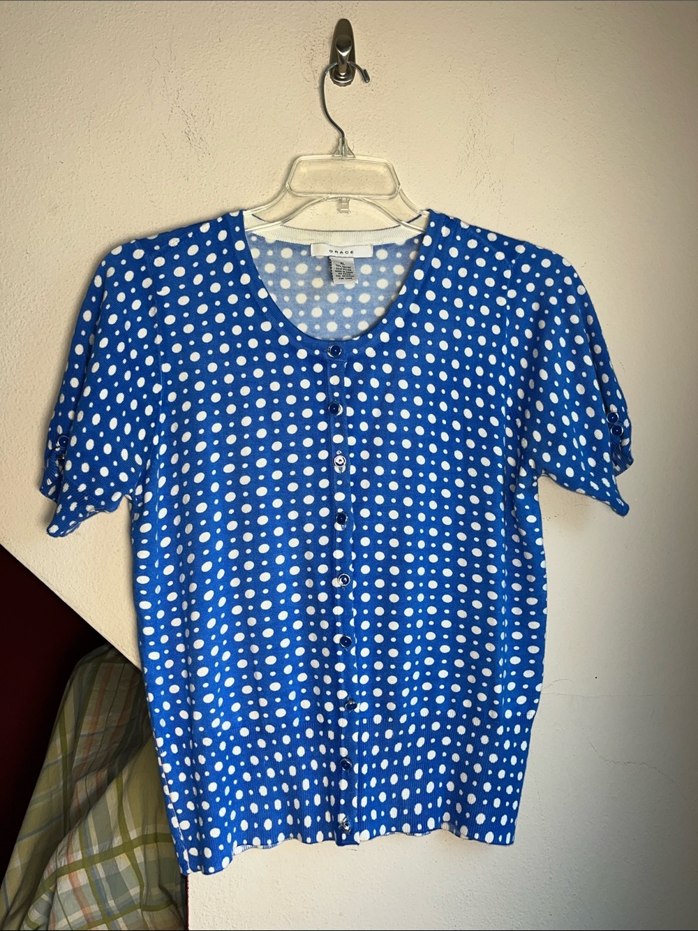 Grace Blue and White Polka Dot Button-Up Top‎